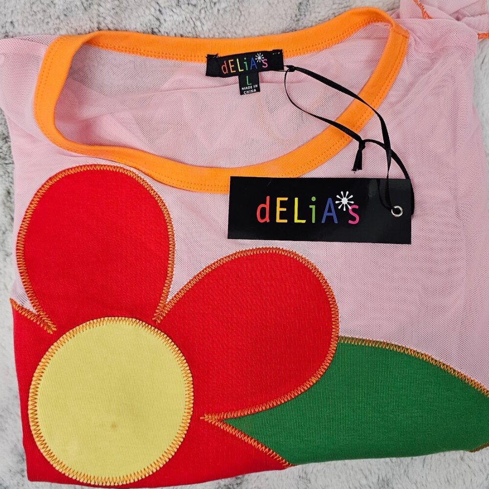 Dolls Kill Delia's Daisy Mesh Crop Long Sleeve Top Flower Floral Pink Orange Red - Picture 6 of 6
